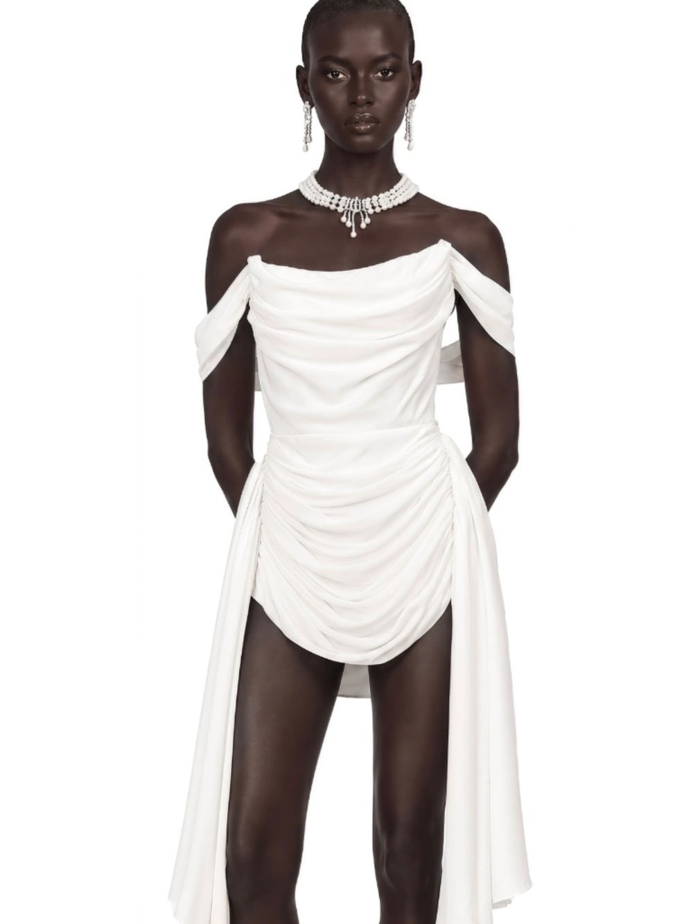 New White Ribbon-design Ruched Mini Dress
